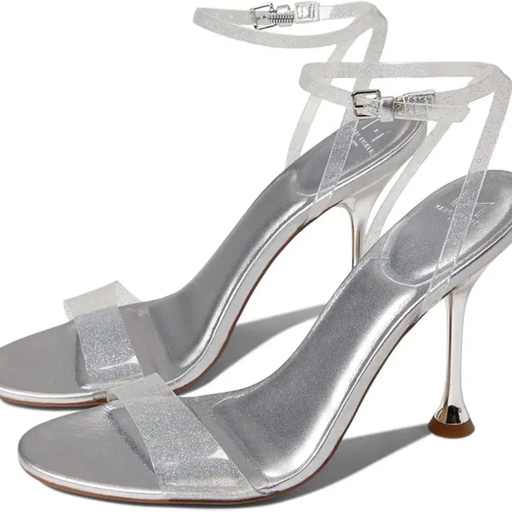 Marc Fisher Calisty Silver Glitter Metallic‎ Heels Strappy Sandals 7M Clear